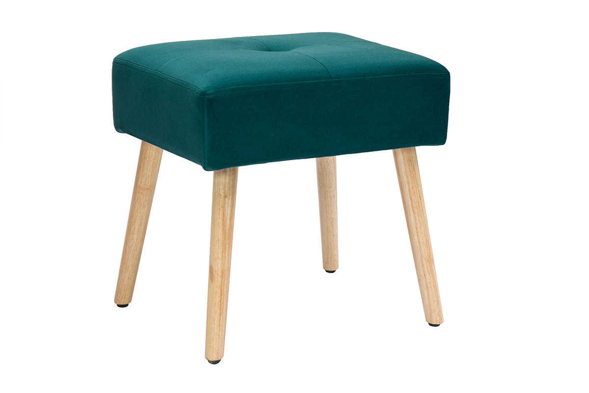 Tabouret bas en tissu velours bleu ptrole et bois clair massif H46 cm GUESTA