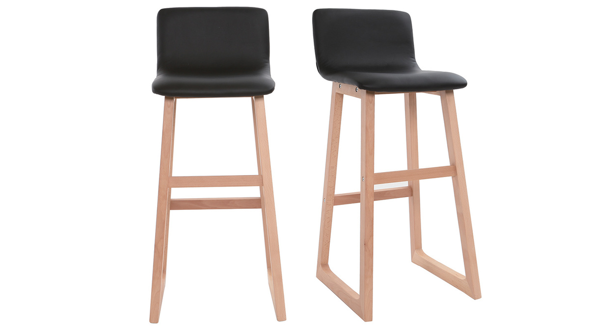 Tabouret de bar bois clair et PU noir 72cm lot de 2 OSAKA