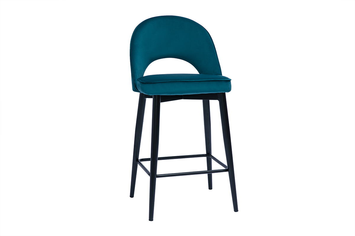 Tabouret de bar design en tissu velours gaufr bleu canard et mtal H69 cm BELLEROSE