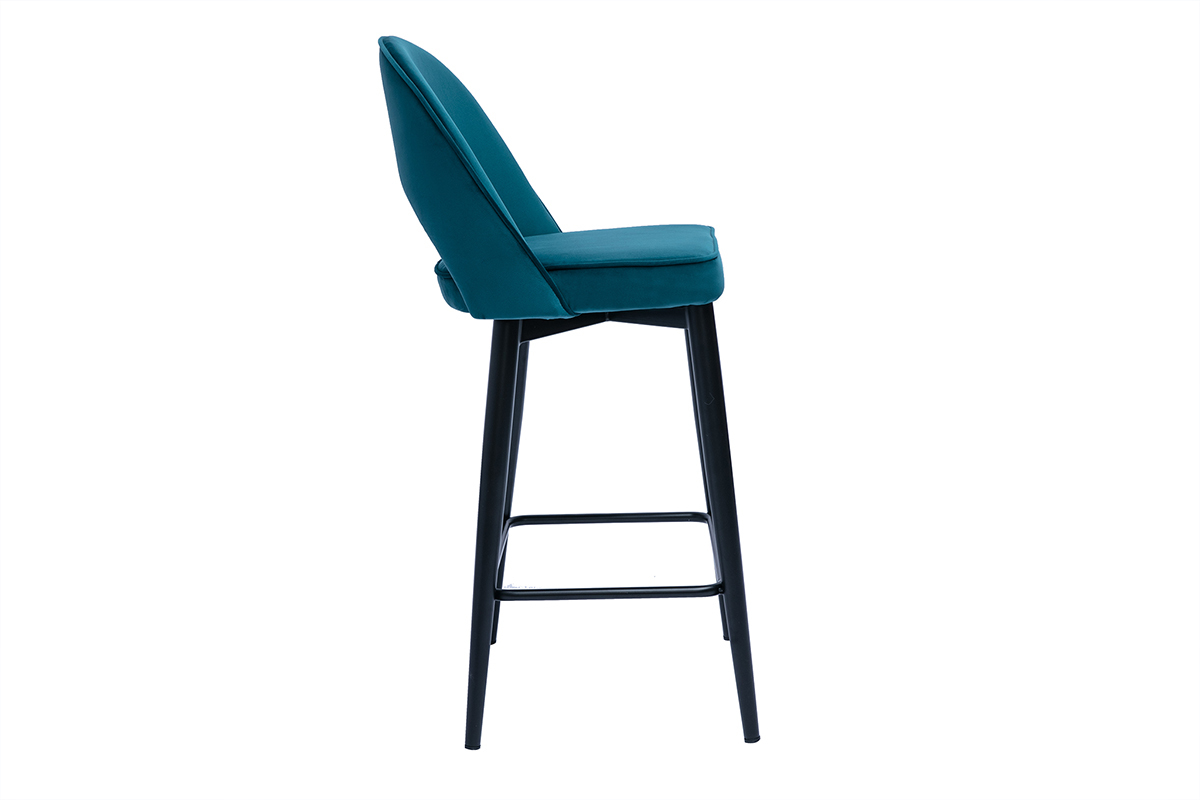 Tabouret de bar design en tissu velours gaufr bleu canard et mtal H69 cm BELLEROSE