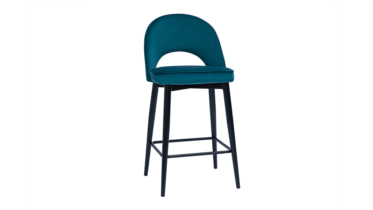 Tabouret de bar design en tissu velours gaufr bleu canard et mtal H69 cm BELLEROSE