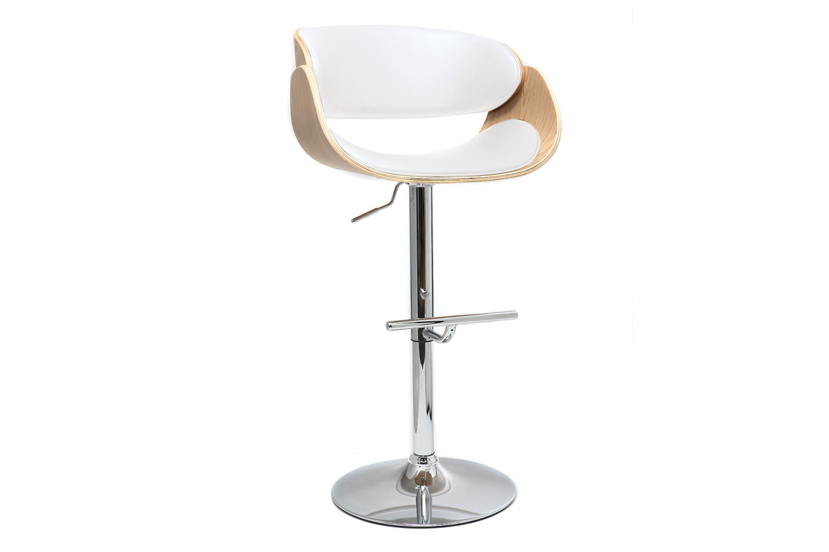 Tabouret de bar design rglable blanc et bois clair BENT