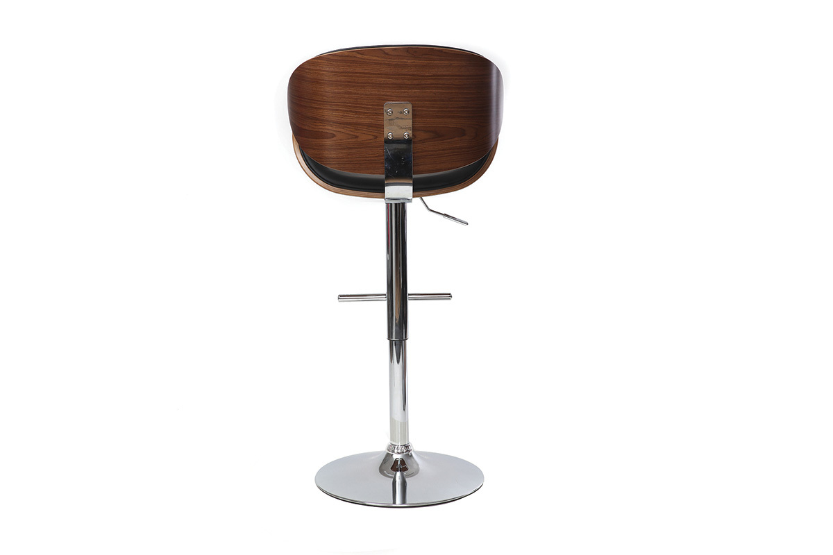 Tabouret de bar design rglable noir, bois fonc et mtal chrom WALNUT