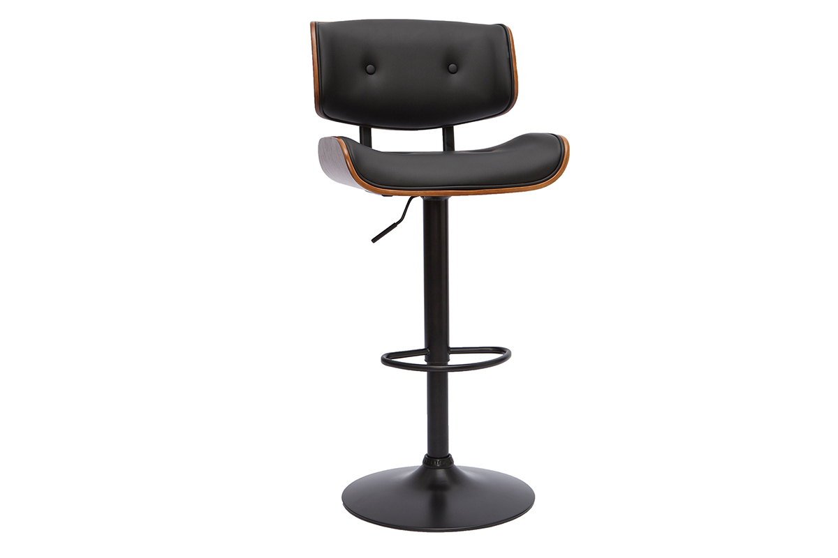 Tabouret de bar design rglable pivotant 360 noir et bois fonc BASILE