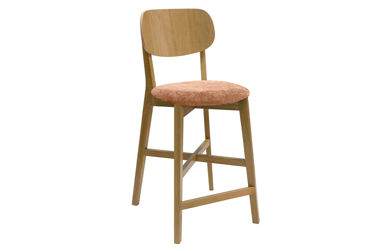 Tabouret de bar en bois clair chne et tissu effet velours terracotta H65 cm LUCIA