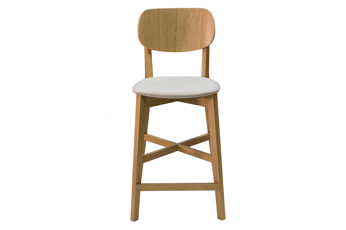 Tabouret de bar en bois clair chne massif et tissu beige H65 cm LUCIA