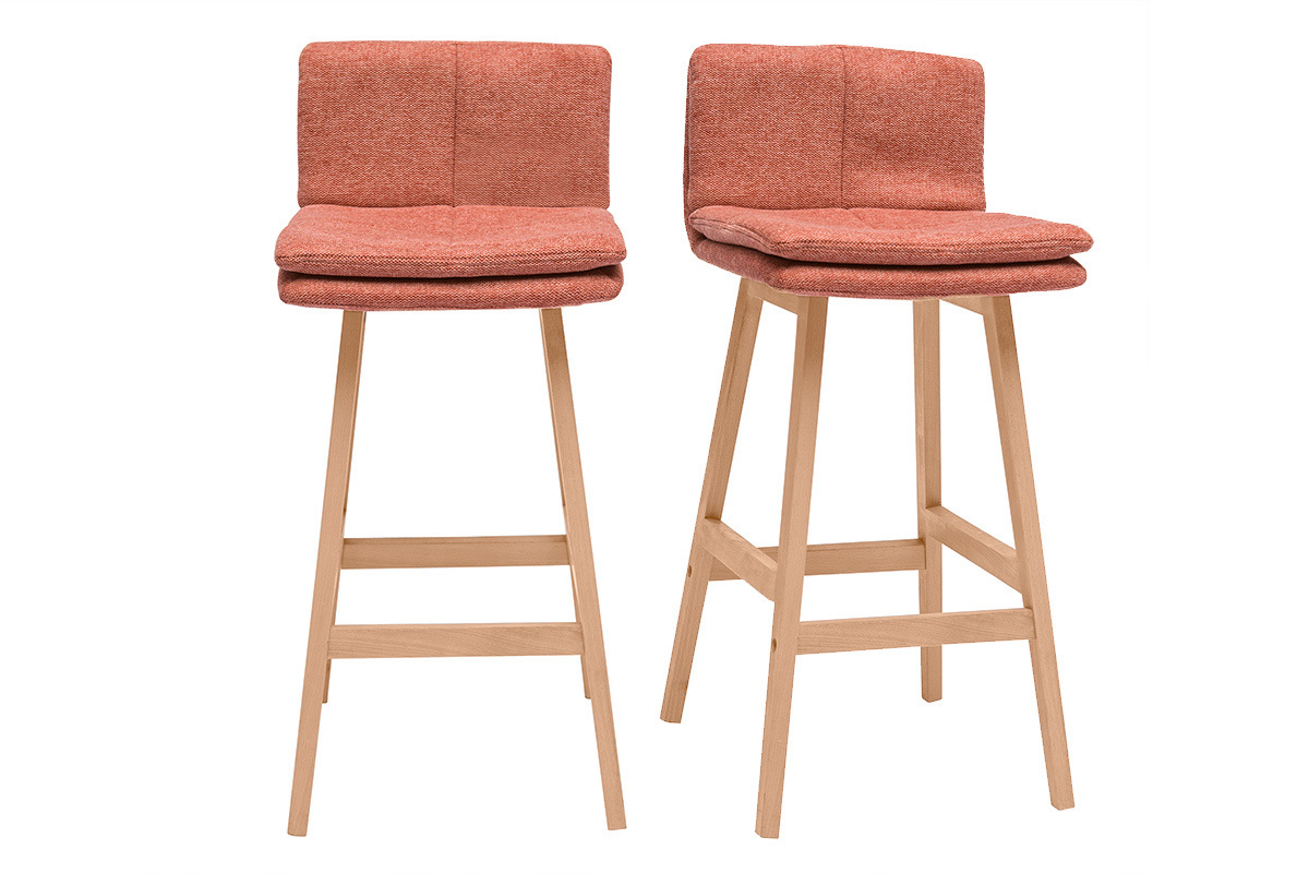 Tabouret de bar en tissu effet velours textur terracotta et bois (lot de 2) JOAN