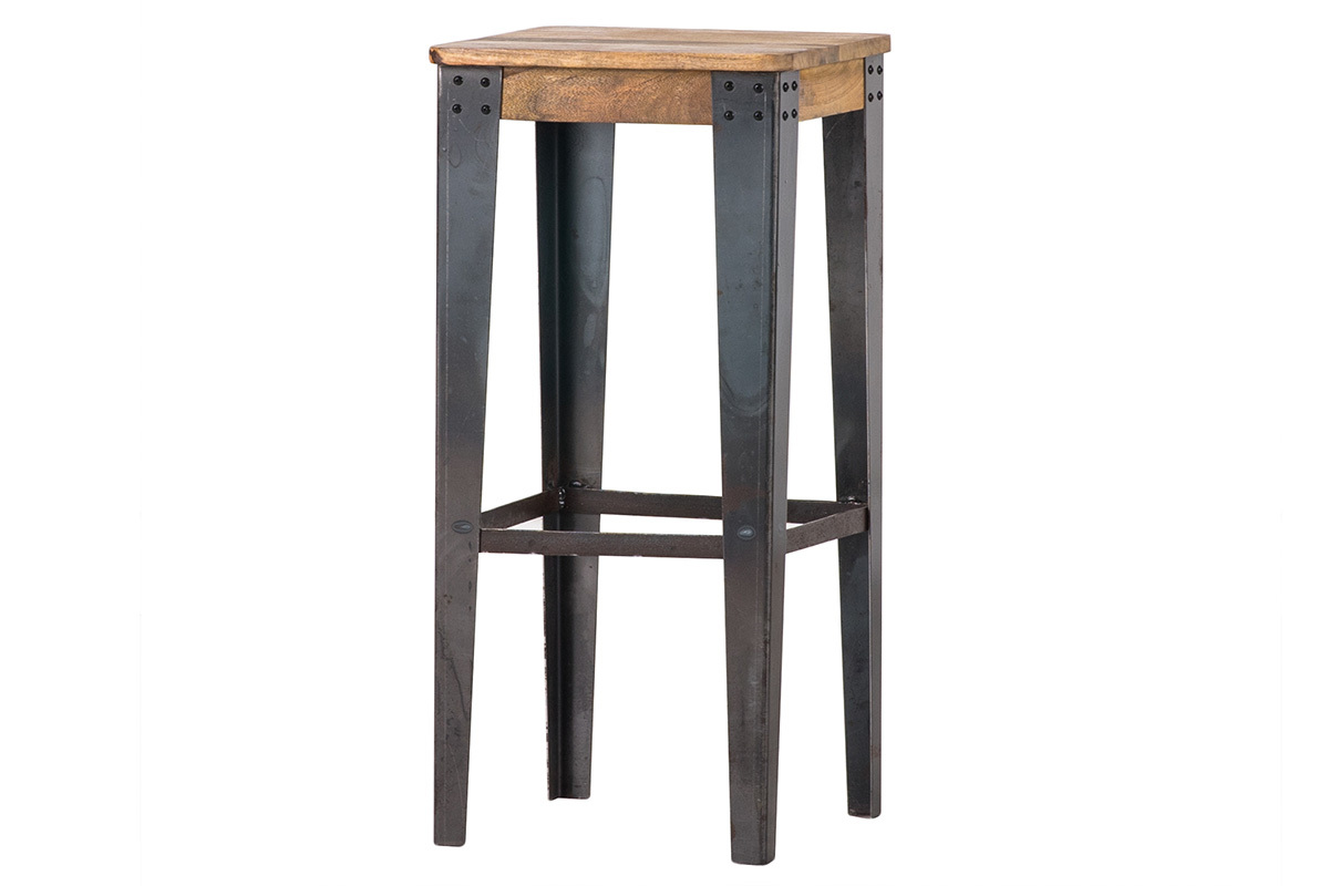 Tabouret de bar industriel acier et bois manguier massif H75 cm MADISON