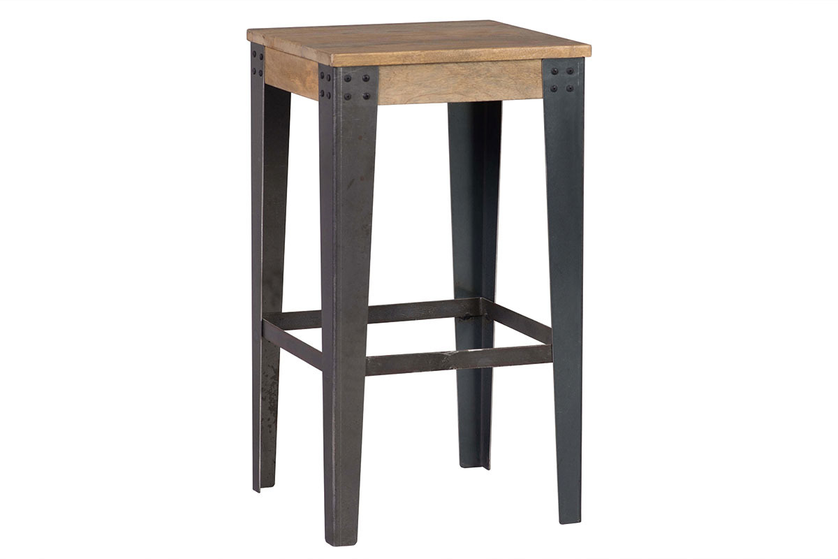 Tabouret de bar industriel mtal et bois manguier massif H65 cm MADISON