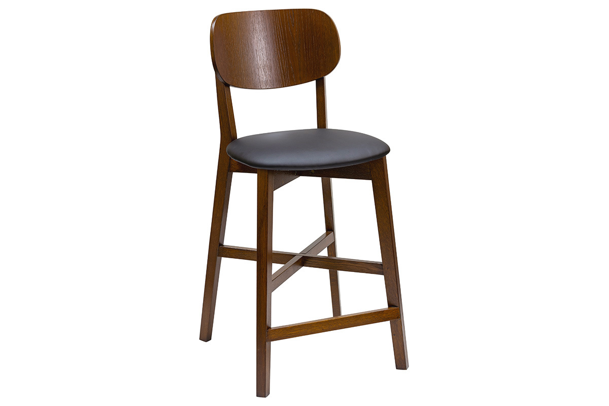 Tabouret de bar noyer et assise noire H65 cm LUCIA