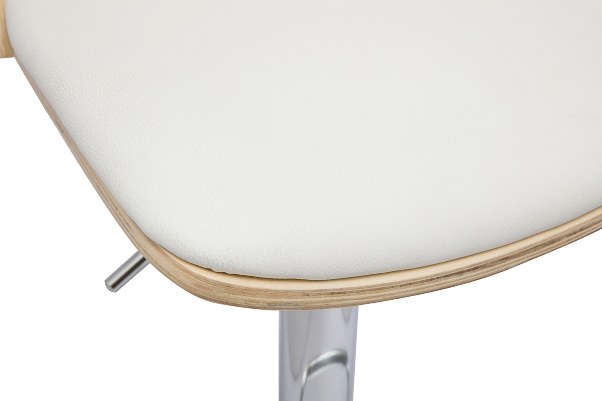 Tabouret de bar rglable blanc, bois clair et pied chrom DOA