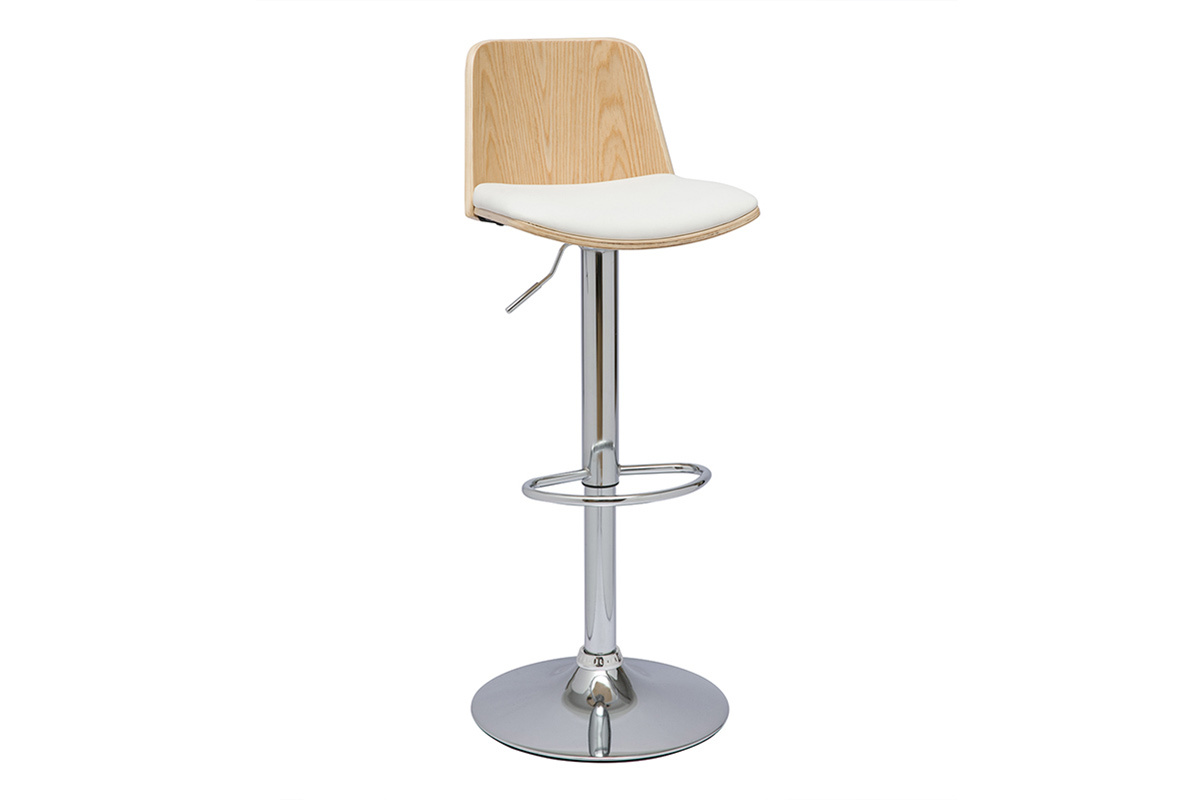 Tabouret de bar rglable blanc, bois clair et pied chrom DOA