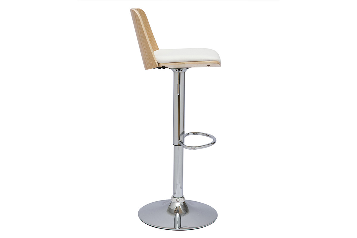 Tabouret de bar rglable blanc, bois clair et pied chrom DOA