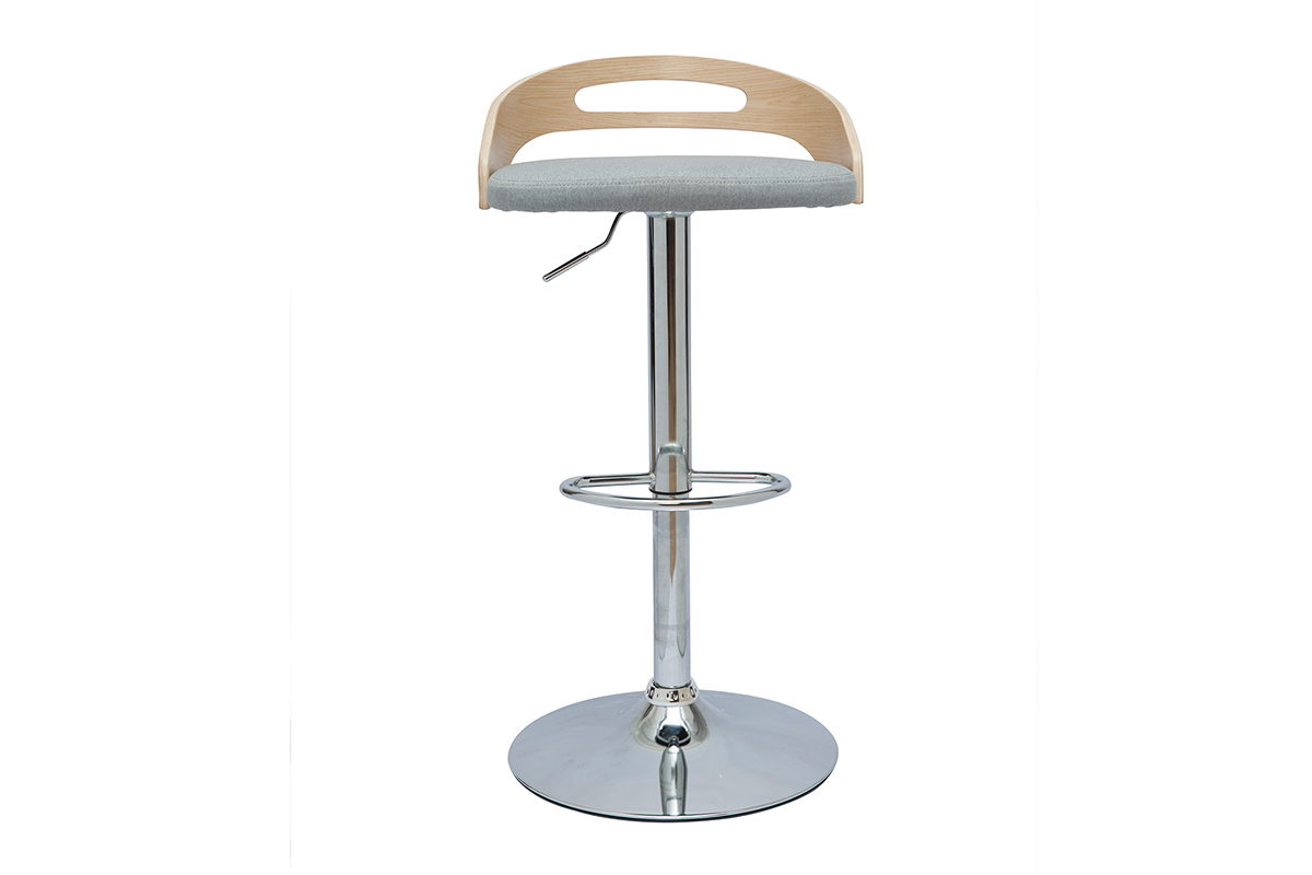 Tabouret de bar rglable design bois clair et tissu gris clair MANO