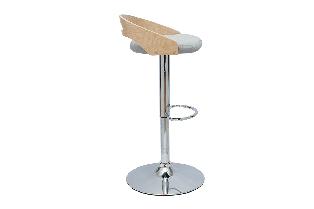 Tabouret de bar rglable design bois clair et tissu gris clair MANO