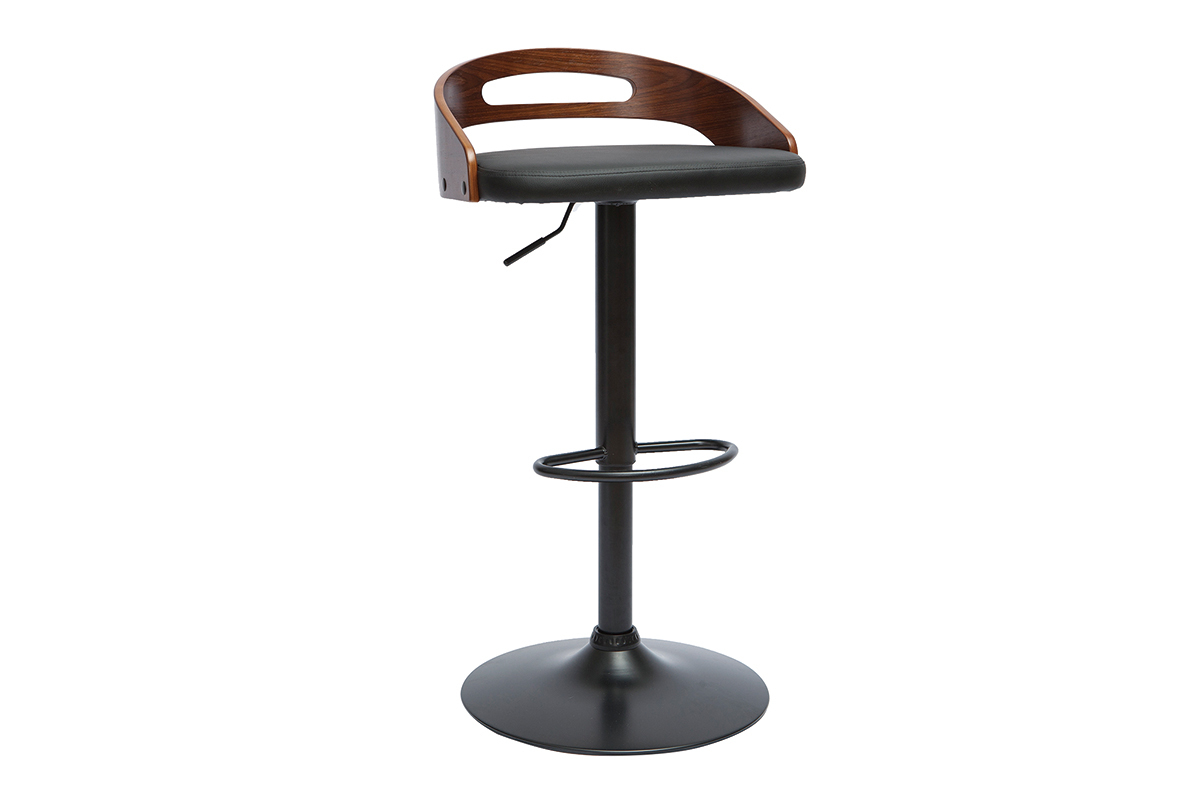 Tabouret de bar rglable design noyer et polyurthane noir MANO