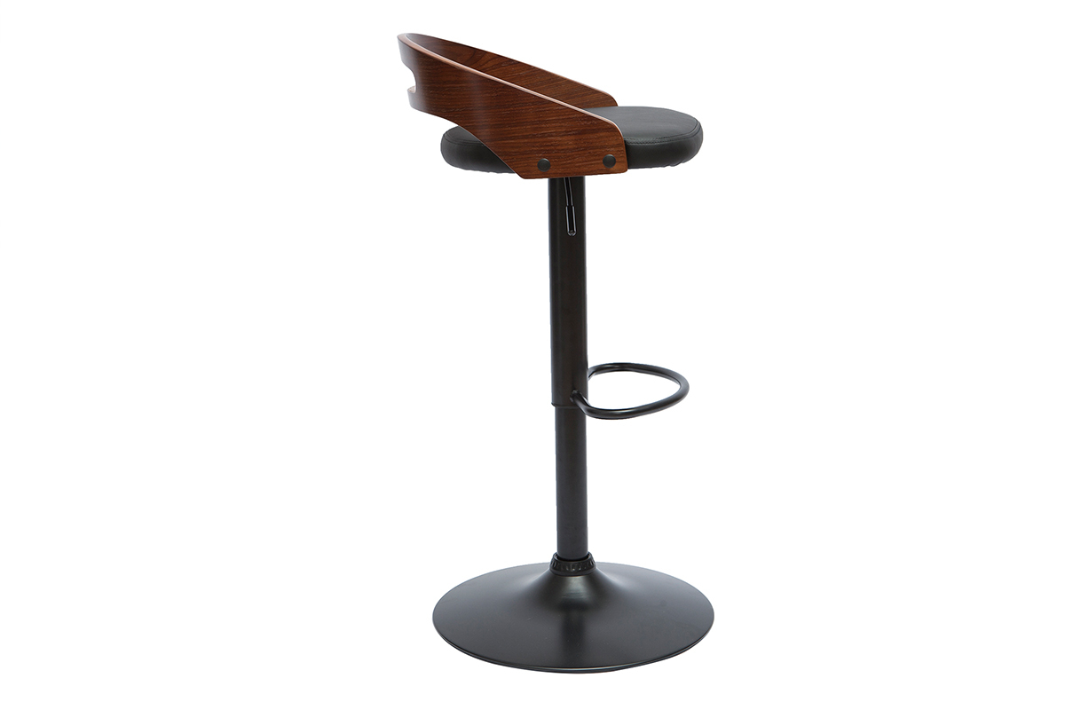 Tabouret de bar rglable design noyer et polyurthane noir MANO