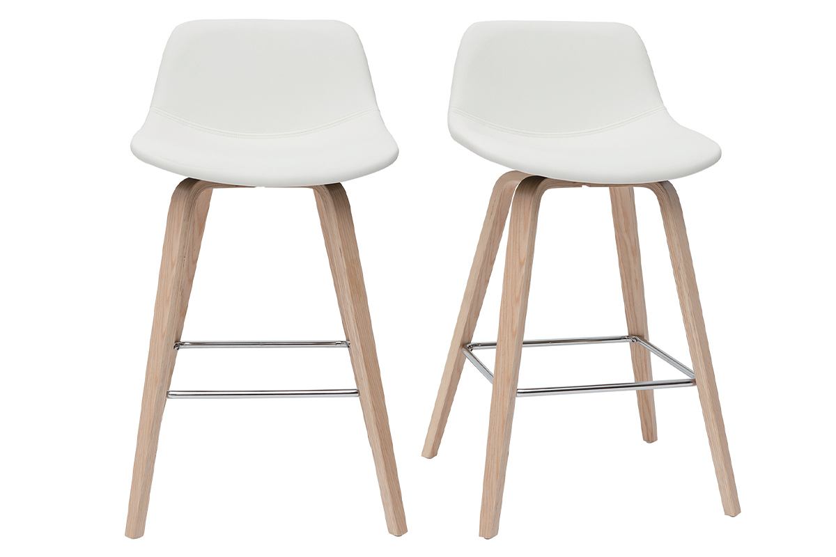 Tabourets de bar design blanc et bois clair H65 cm (lot de 2) NONIE