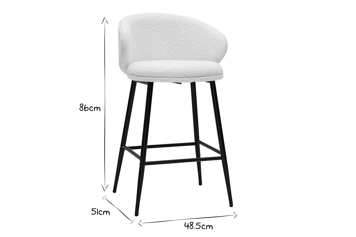 Tabourets de bar design en tissu effet laine boucle blanc cass et mtal noir H86 cm (lot de 2) ROSALIE