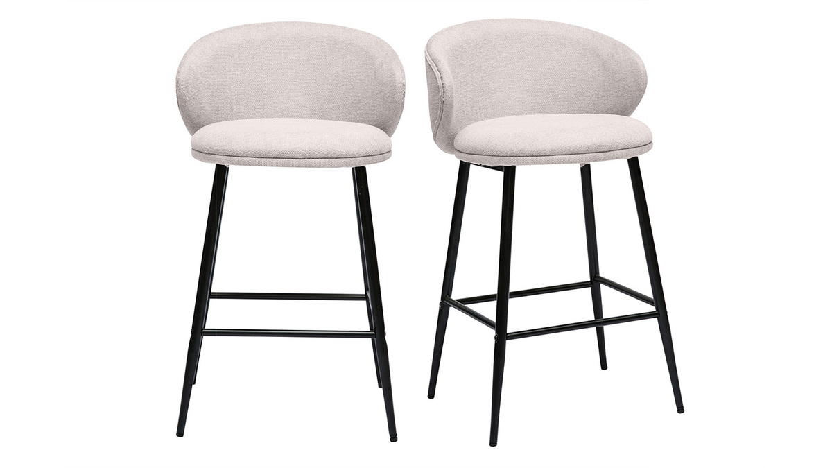 Tabourets de bar design en tissu effet velours textur beige et mtal noir (lot de 2) ROSALIE