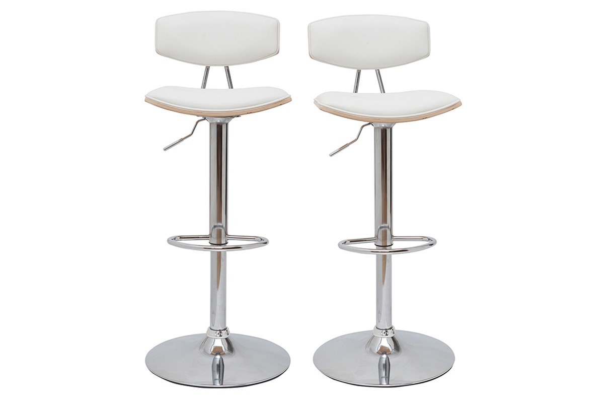 Tabourets de bar design rglables blanc et bois clair (lot de 2) VASCO