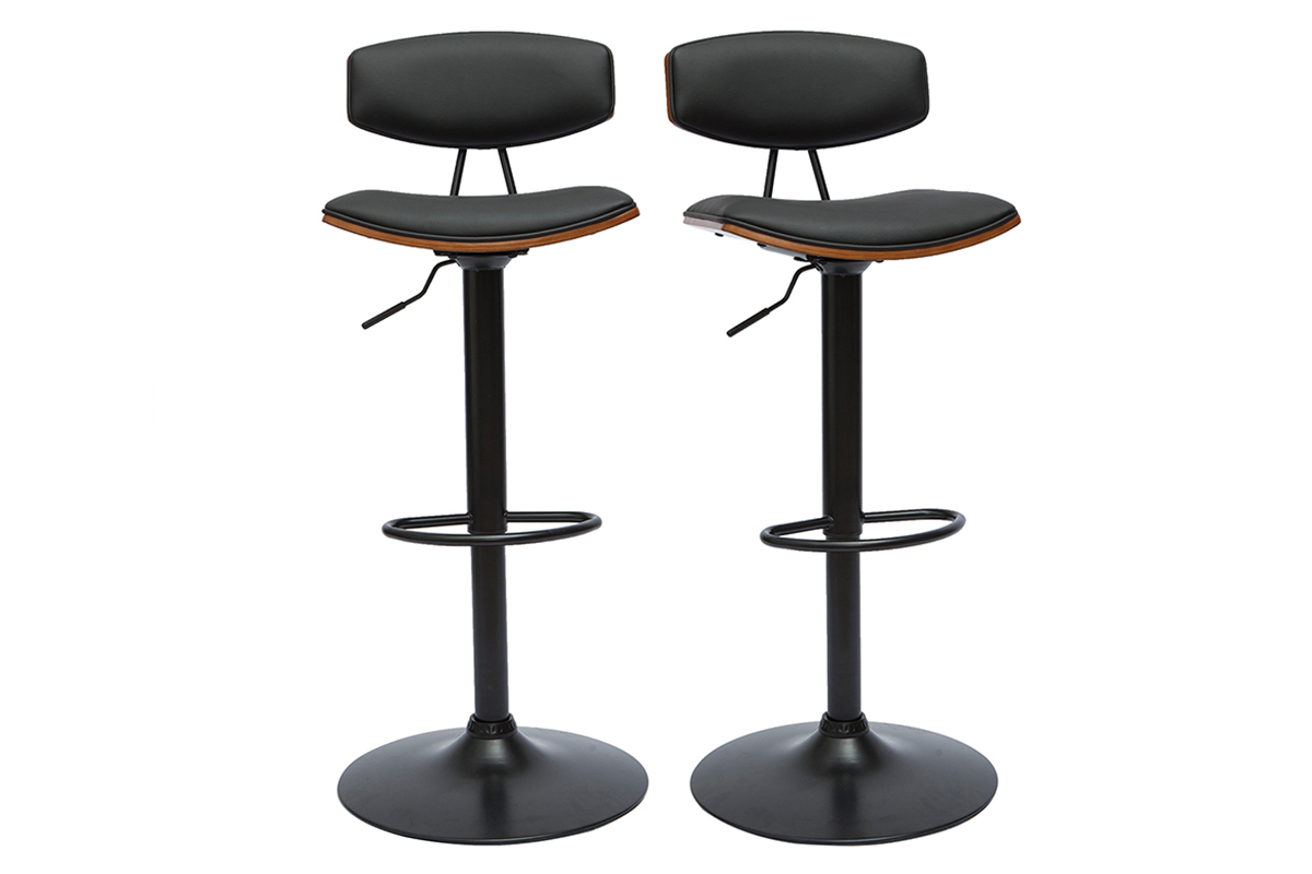 Tabourets de bar design rglables noir et bois fonc (lot de 2) VASCO