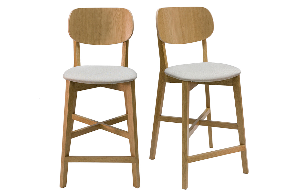 Tabourets de bar en bois clair chne et tissu beige H65 cm (lot de 2) LUCIA