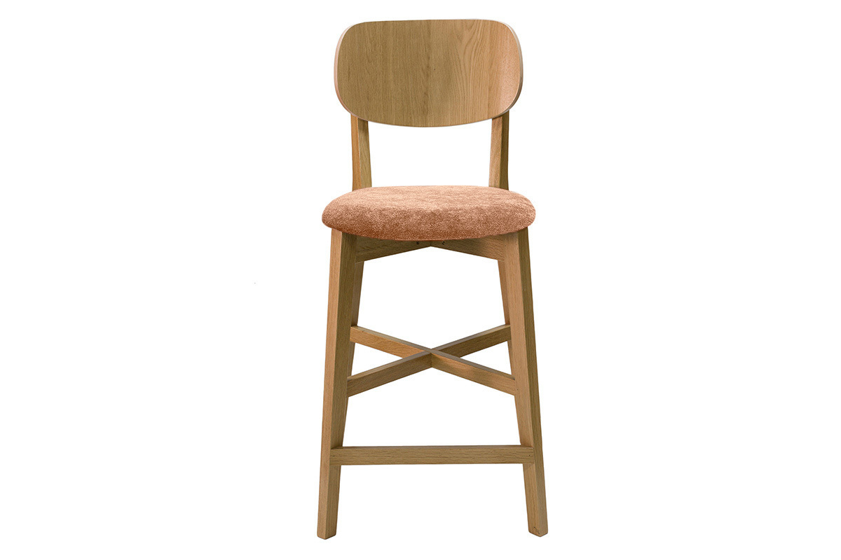 Tabourets de bar en bois clair chne et tissu effet velours terracotta H65 cm (lot de 2) LUCIA