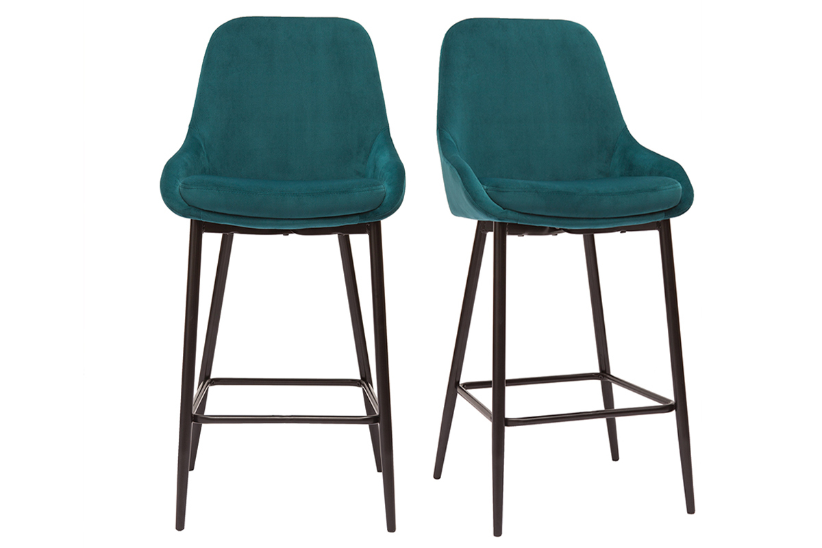 Tabourets de bar en tissu velours bleu ptrole et mtal noir H65 cm (lot de 2) HOLO