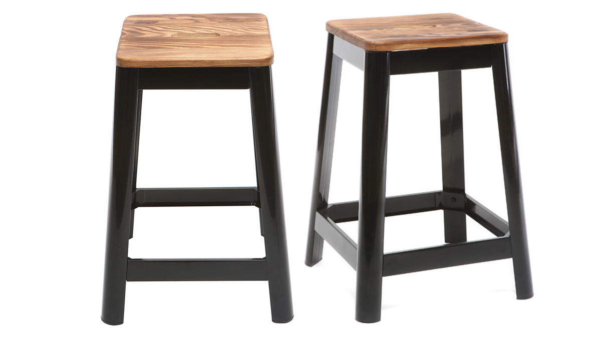 Tabourets de bar industriels en mtal noir et bois H65 cm (lot de 2) NICK