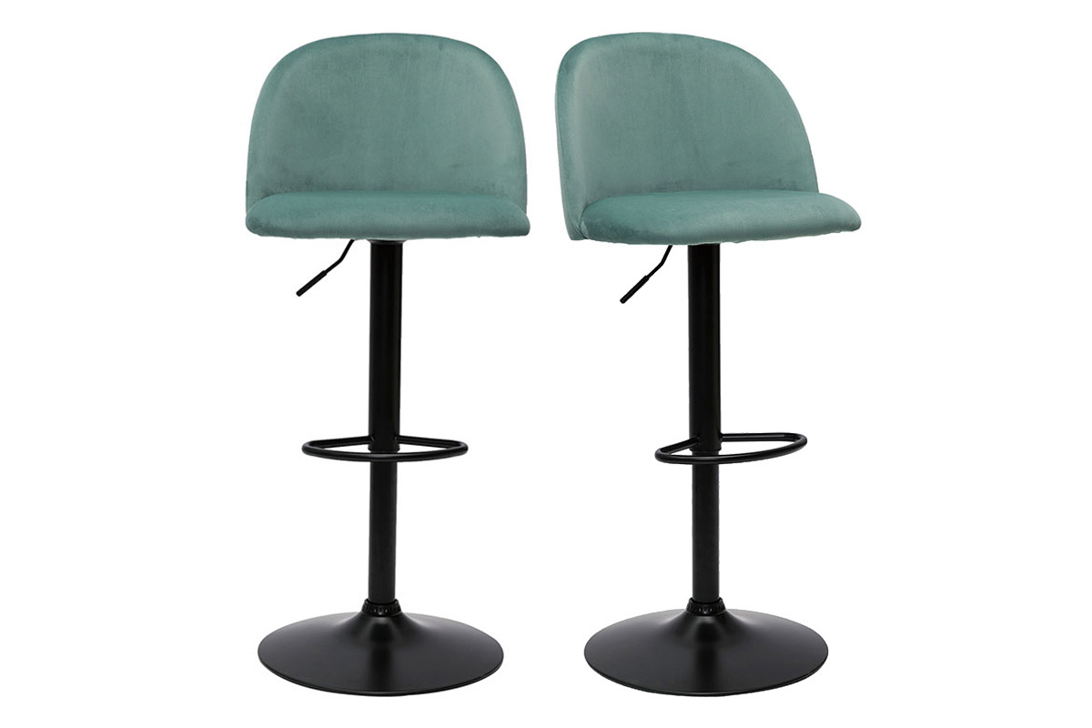 Tabourets de bar rglables velours vert cladon et mtal noir (lot de 2) CELESTE