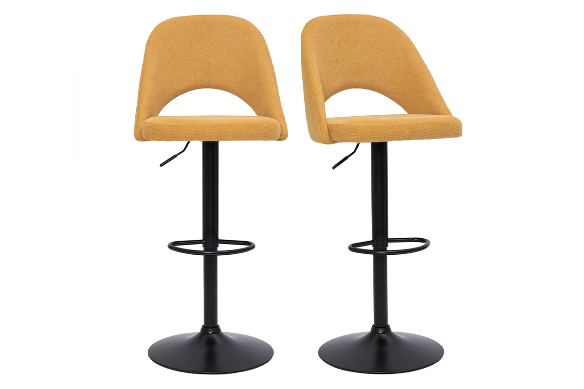 Tabourets de bar relevables tissu effet velours textur jaune moutarde et mtal noir (lot de 2) COSETTE