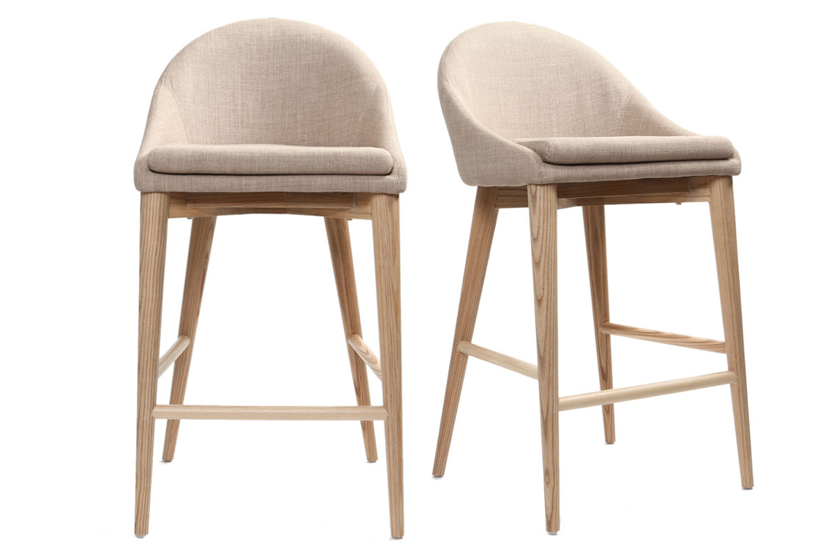 Tabourets de bar scandinaves en tissu beige et frne massif H66 cm (lot de 2) DALIA