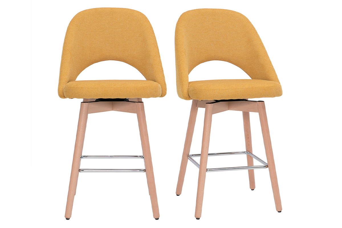 Tabourets de bar scandinaves tissu effet velours textur jaune moutarde et hva massif 65 cm (lot de 2) COSETTE