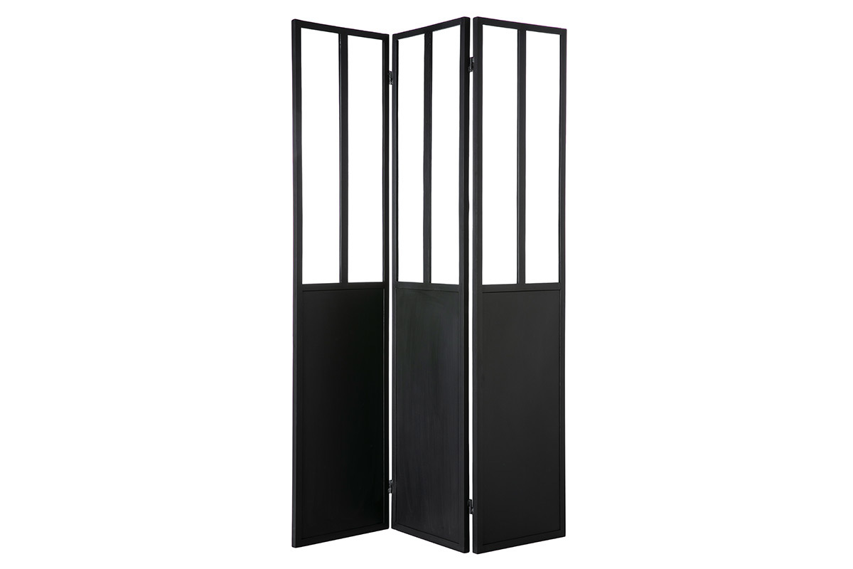 Verrire atelier paravent industriel en mtal noir et verre 3 vantaux L120 cm RACK